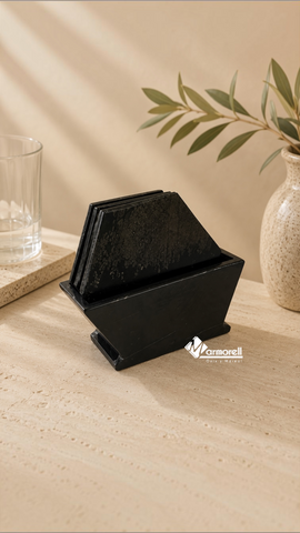 Set de 6 Portavasos Hexagonales de Mármol Negro con Base