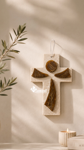 Cruz en Mármol y Ónix Natural para Colgar | Diseño Contemporáneo 19.5 cm