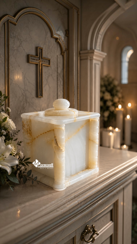 Urna Funeraria de Ónix Blanco Natural con Columnas Artesanales | Colección Memorial Marmorell