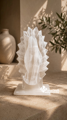 Virgen de Guadalupe en Ónix Blanco · 18 cm