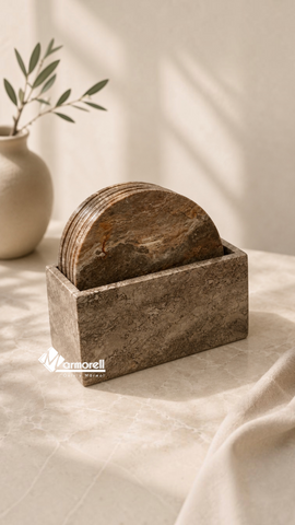 Set de Portavasos de Mármol Travertino Café Natural con Base