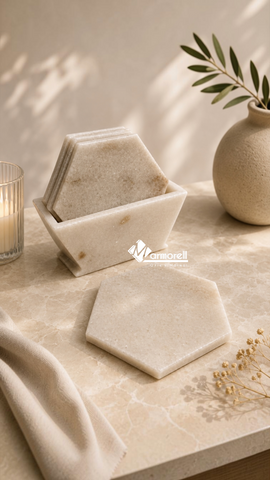 Set de Portavasos Hexagonales de Mármol Guadiana Natural con Base